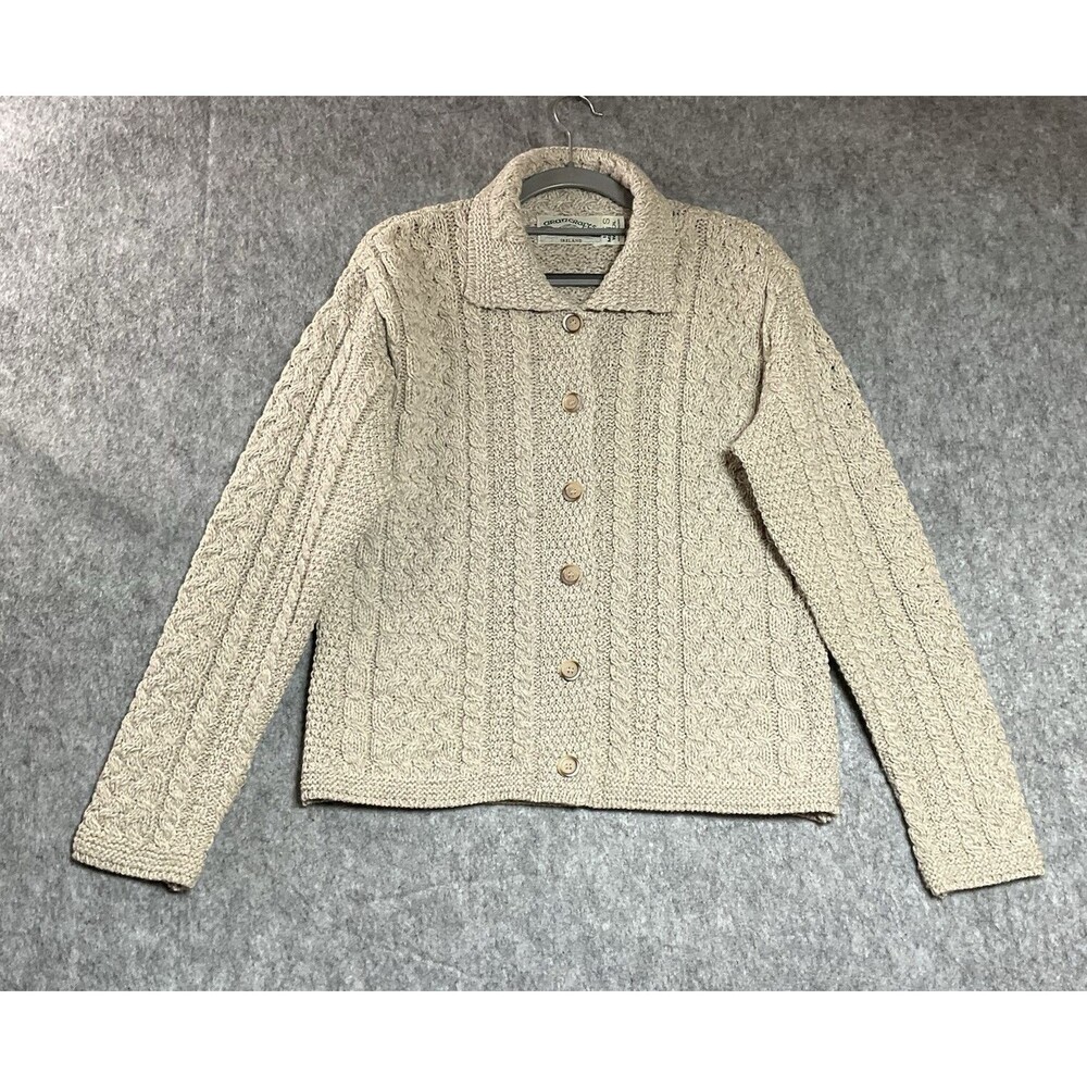 Aran Crafts Sweater Womens Small Tan Merino Wool Chunky Knit Cadigan Ireland